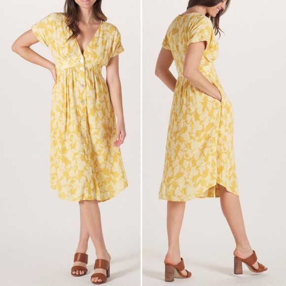 NWT The Normal Brand Ezra Crepe Deep V Button Thru Dress Yellow Size Small NEW - Picture 4 of 16